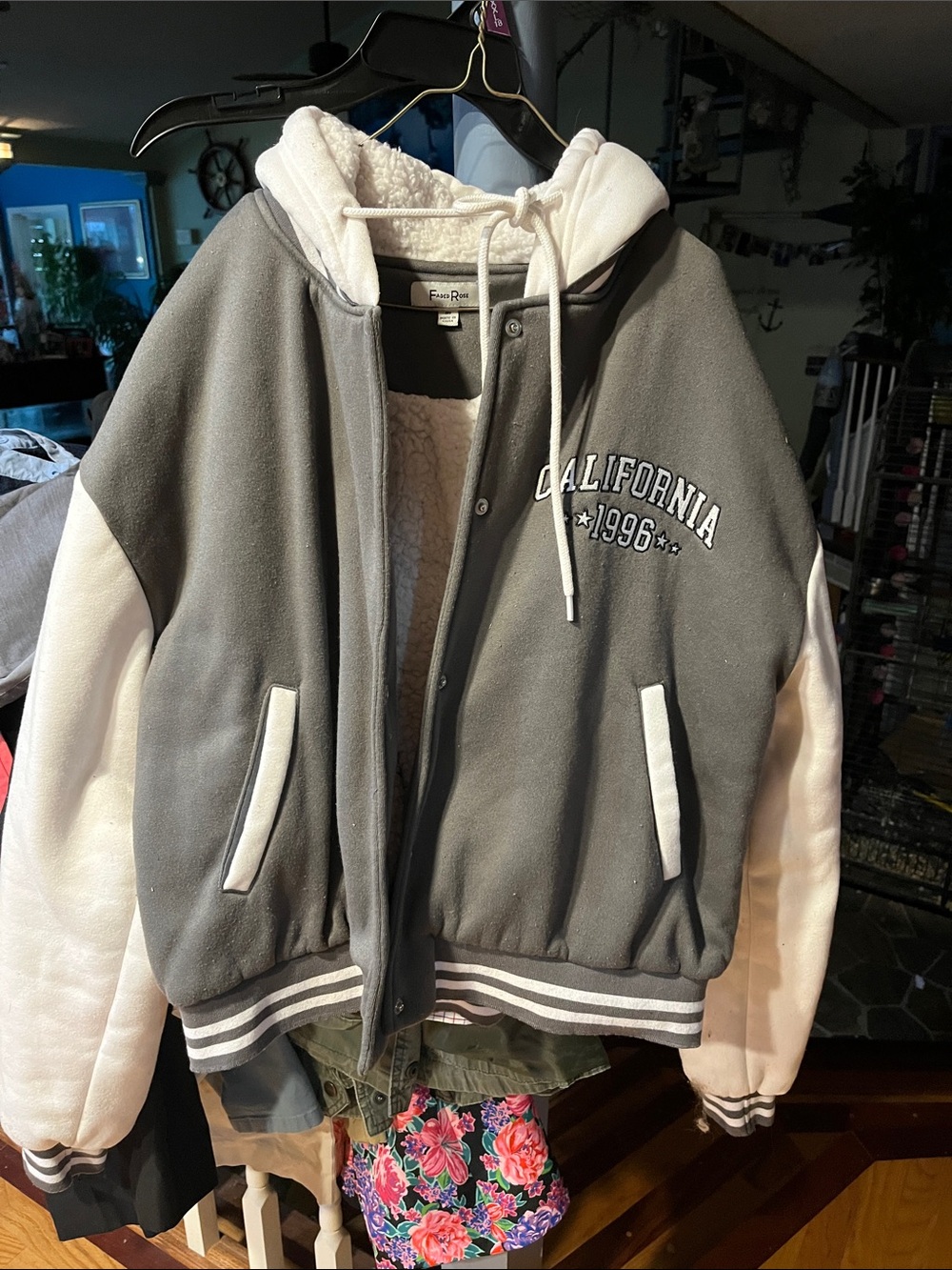 California 1996 Hooded Varsity Jacket in Charcoal Gray & Cream